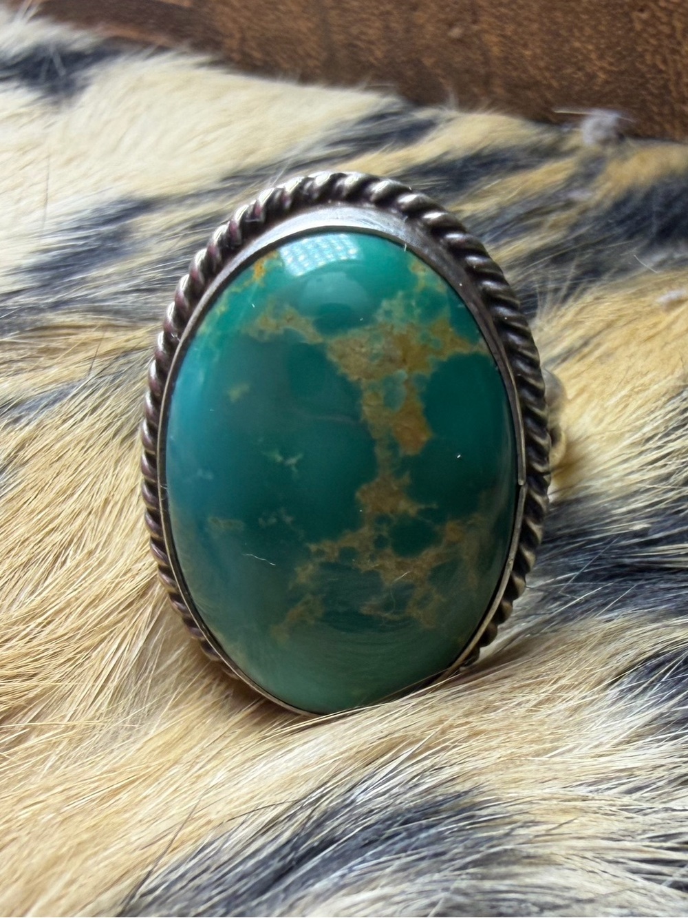 Native Turquoise Stone Silver Rope Ring
